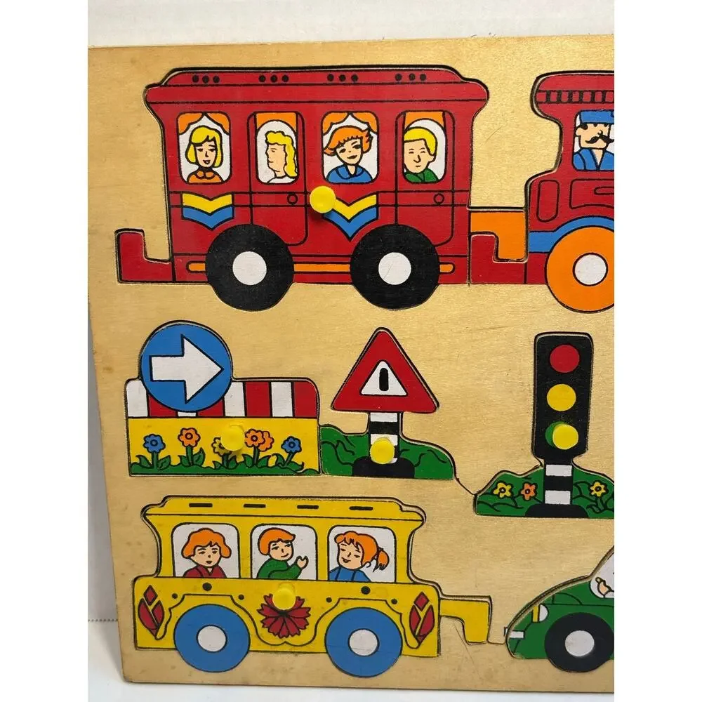 Vintage Children's Wooden Peg Puzzle Transportation Theme Train Taxi.